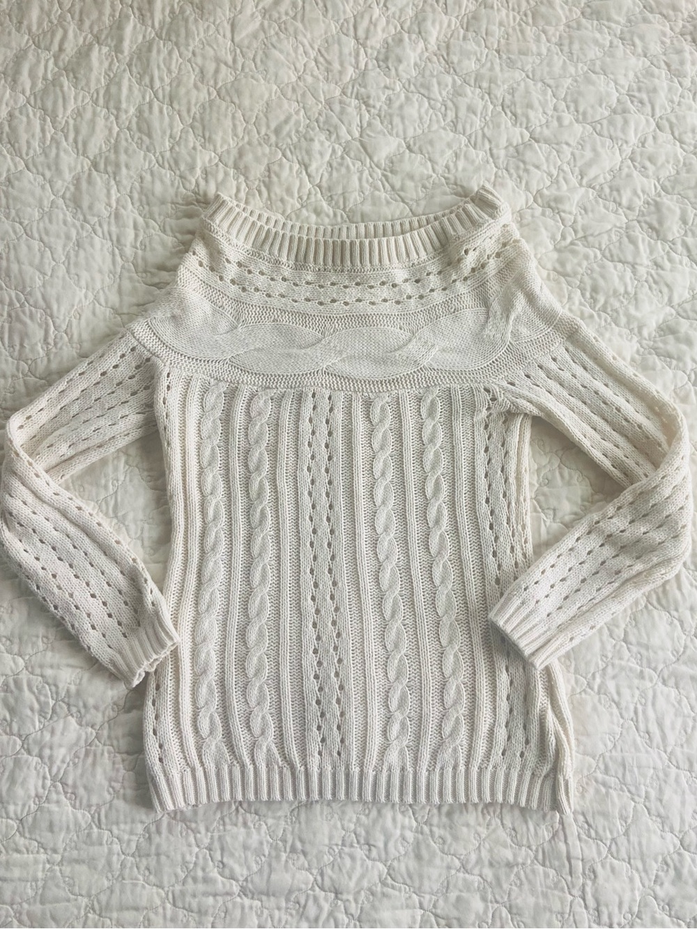 VENUS Cream Off-the-Shoulder Cable & Eyelet Knit Sweater